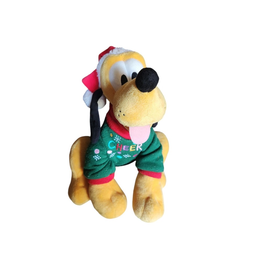 Disney Store Pluto Christmas Edition Plush 11" Santa Hat Cheer Sweater Clean
